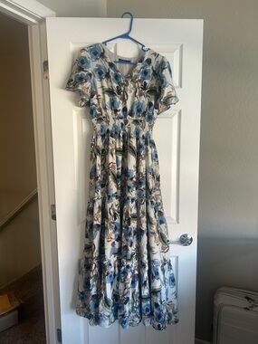 Mikarose Cream Maxi Dress with Blue Floral Print